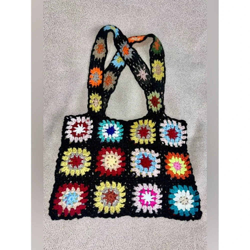 Handmade Crochet Granny Square Tote Bag Purse Bold Multicolor 70’s Hippie Boho